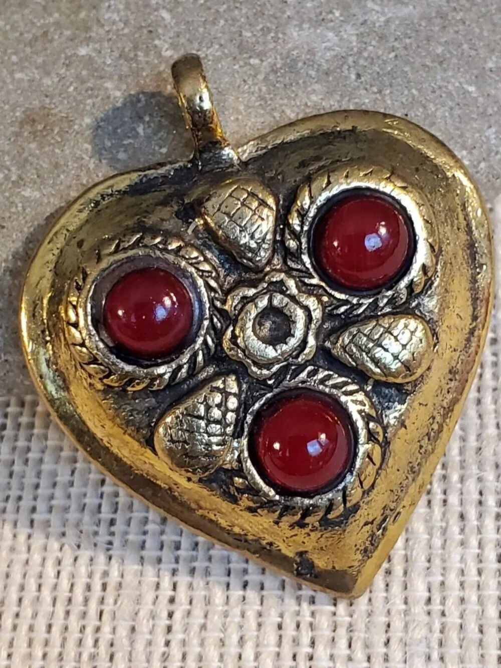 India Tribal Carved Heart Red Glass Cabs Antique Gold Aluminum Metal Pendant
